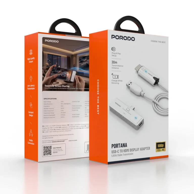 Porodo Portana USB-C to HDMI Display Adapter with 5.8GHz Stable Transmission - White