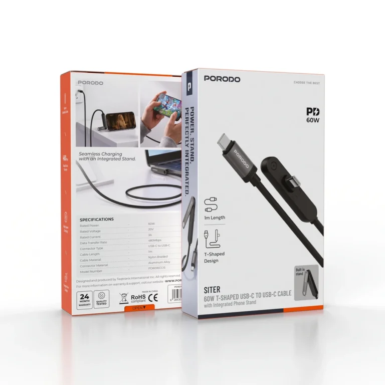 Porodo Siter 60W T-Shaped USB-C to USB-C Cable With Integrated Phone Stand