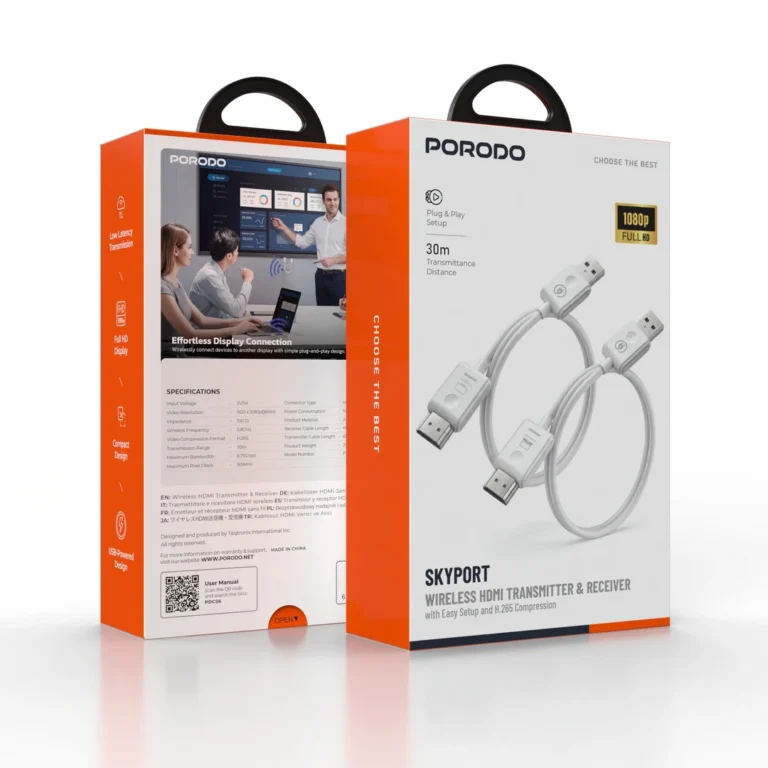 Porodo Skyport Wireless HDMI Transmitter & Receiver with Easy Setup & H.265 Compression - White