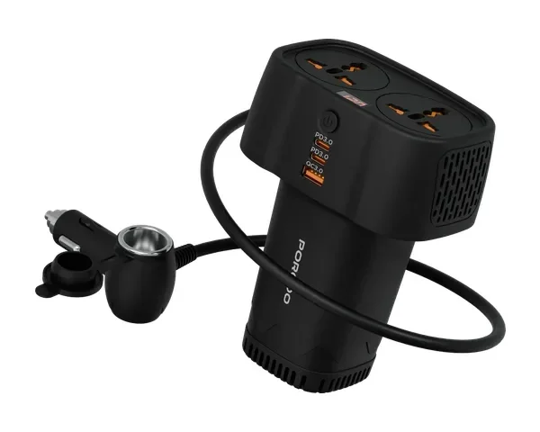 Porodo Solvo Universal AC Power Inverter with Multiple USB & AC Outlets - Black