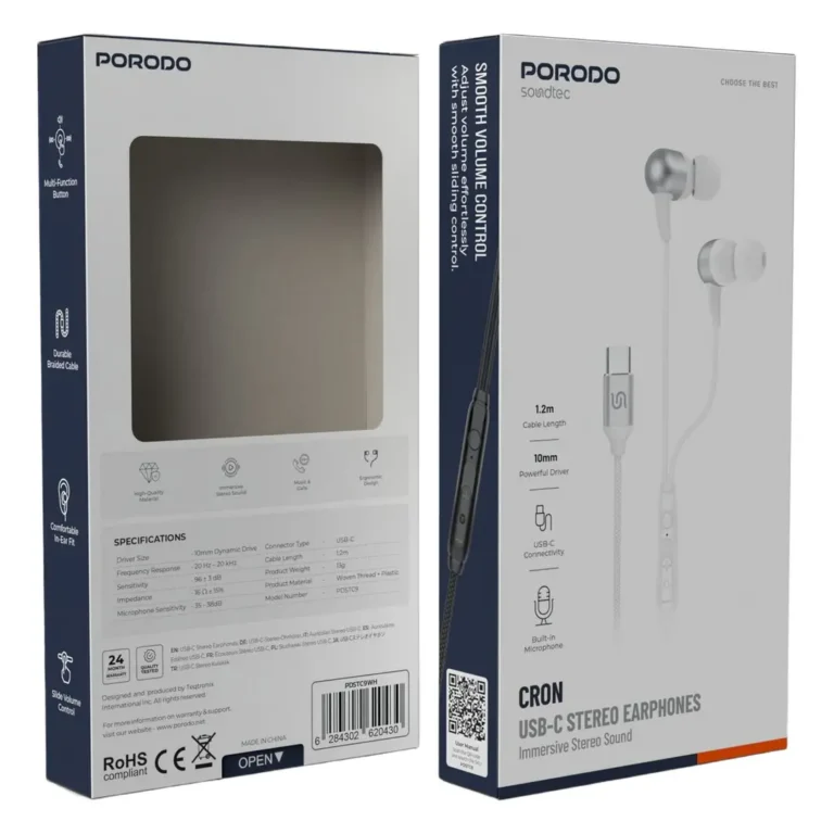 Porodo Soundtec Cron USB-C Stereo Earphones with Immersive Stereo Sound