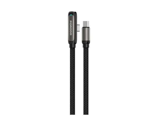 Porodo T-Flow 60W T-Shaped USB-C to USB-C Gaming Cable with 90° Connector & Flat Braided Design - Black