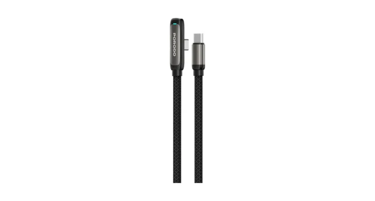 Porodo T-Flow 60W T-Shaped USB-C to USB-C Gaming Cable with 90° Connector & Flat Braided Design - Black