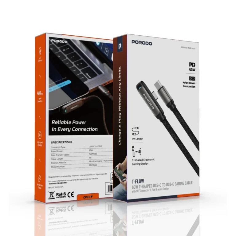 Porodo T-Flow 60W T-Shaped USB-C to USB-C Gaming Cable with 90° Connector & Flat Braided Design - Black