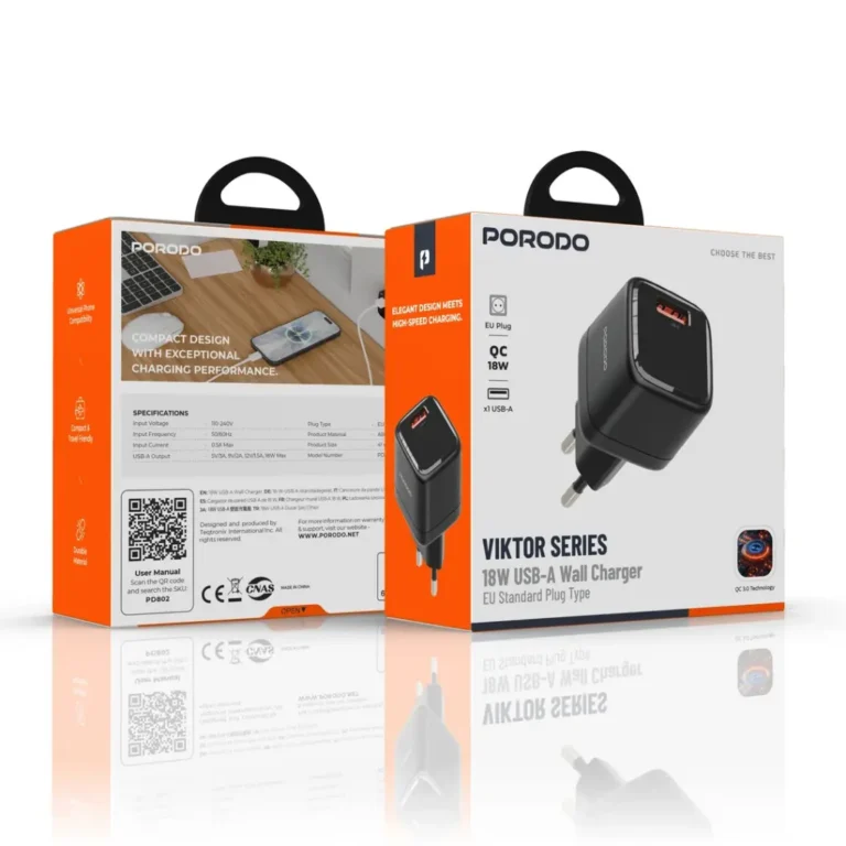 Porodo Viktor 18W USB-A Wall Charger with EU Standard Plug Type