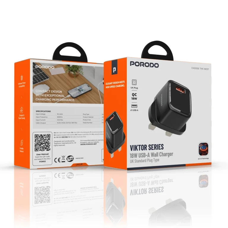 Porodo Viktor Series 18W USB-A Wall Charger with UK Standard Plug Type - Black