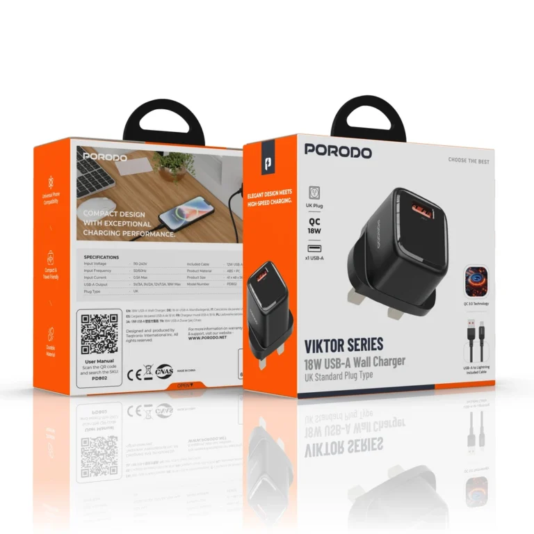Porodo Viktor Series 18W Wall Charger with USB-C to Lightning Cable & UK Plug - Black