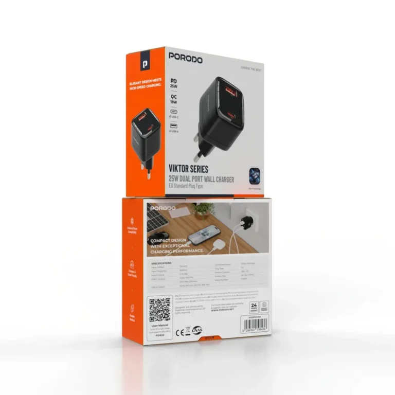 Porodo Viktor Series 25W Dual Port Wall Charger with EU Standard Plug Type