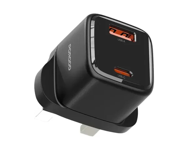 Porodo Viktor Series 25W Dual Port Wall Charger with USB-C to USB-C Cable & UK Plug - Black