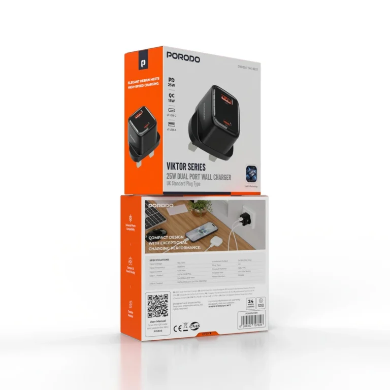 Porodo Viktor Series 25W GaN Dual Port Wall Charger with UK Standard Plug Type - Black