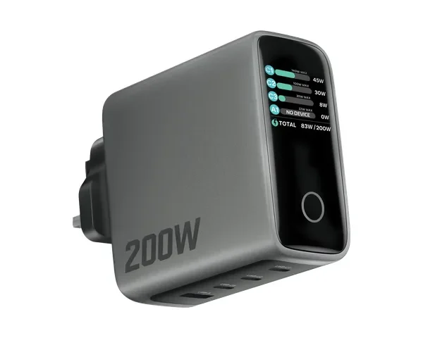Powerology Helion 4-Port 200W GaN Wall Charger - Grey
